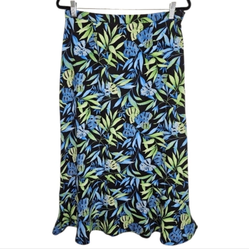 Vintage Y2K Midi Skirt Women's Size 14 Tropical Print Blue Green Ruffle Long